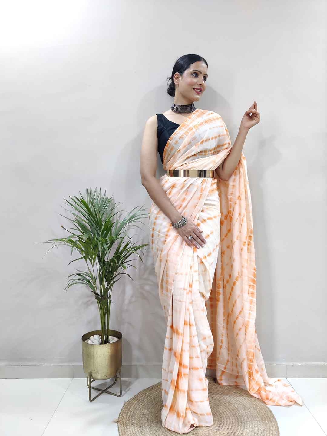 

TEEYA CREATION Abstract Printed Ready To Wear Saree, Orange