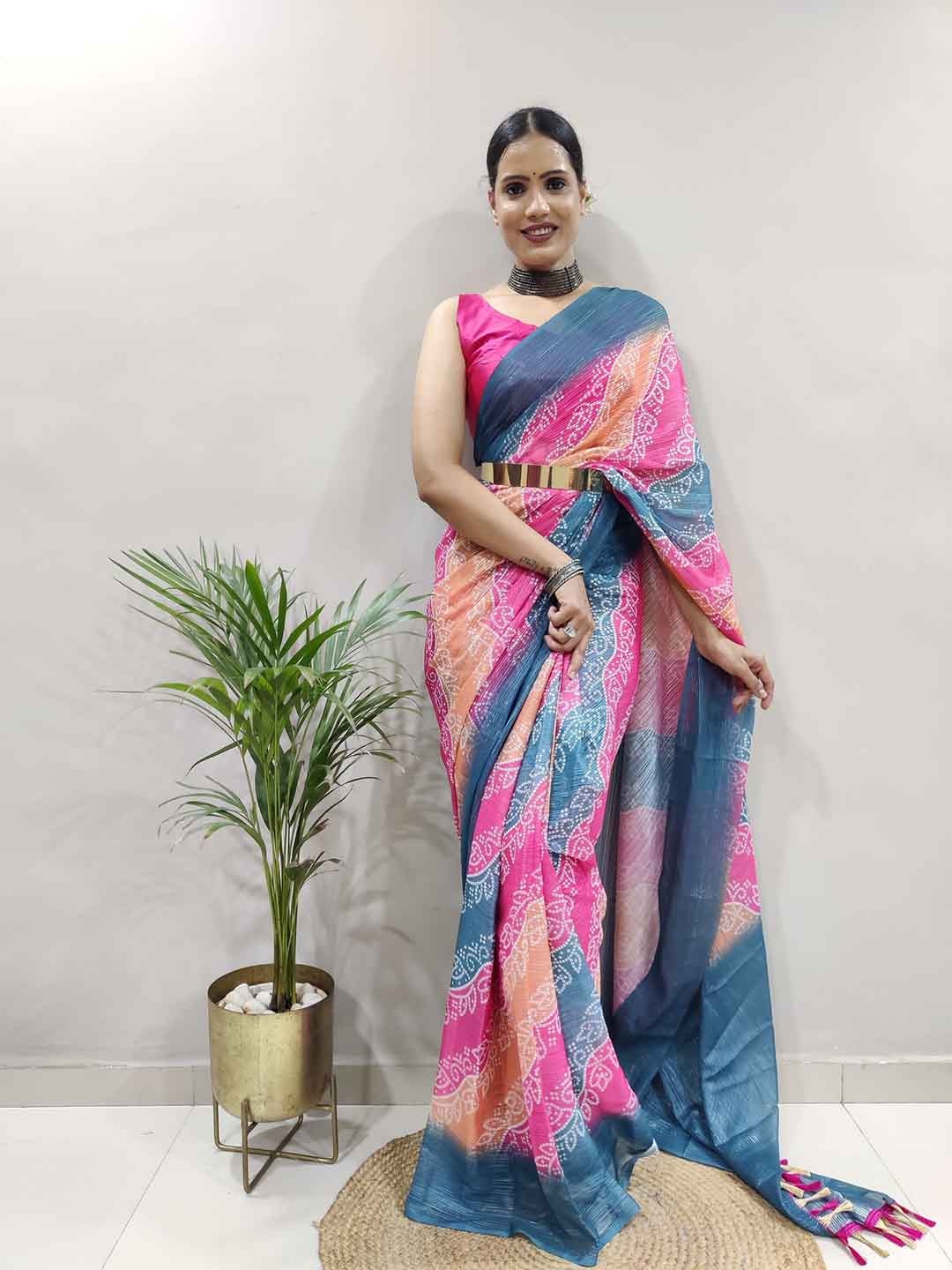 

TEEYA CREATION Bandhani Printed Ready to Wear Saree With Tassels, Pink