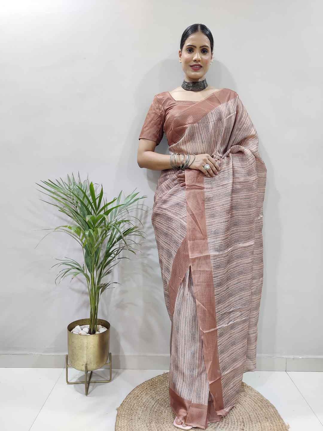 

TEEYA CREATION Striped Printed Ready To Wear Saree, Coffee brown