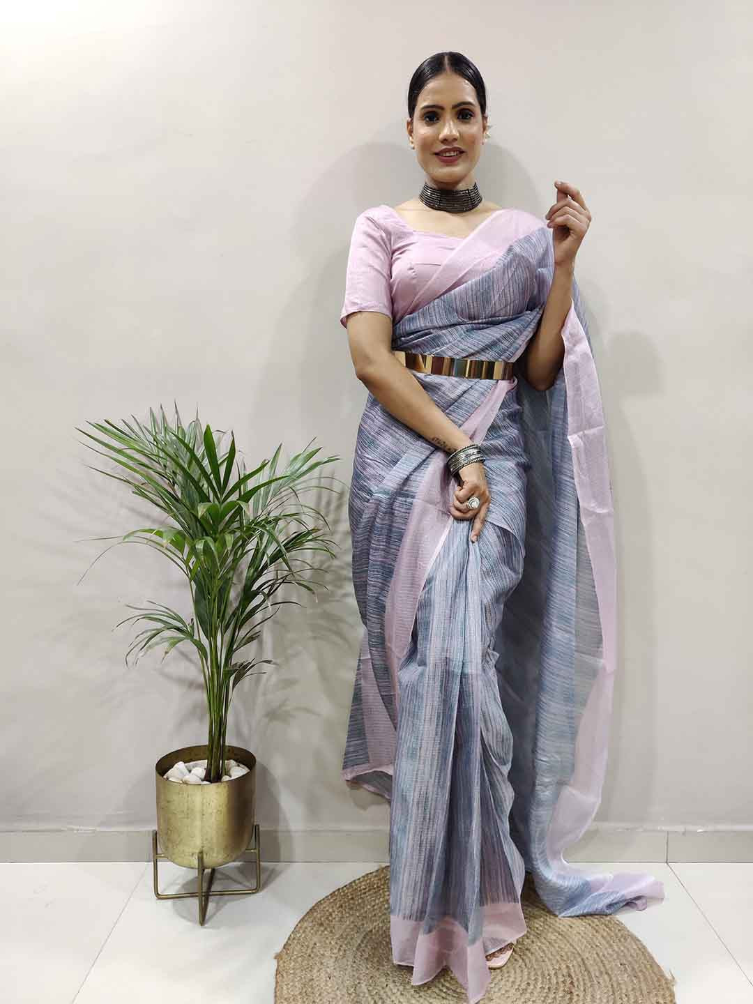 

TEEYA CREATION Striped Woven Design Ready To Wear Saree, Pink