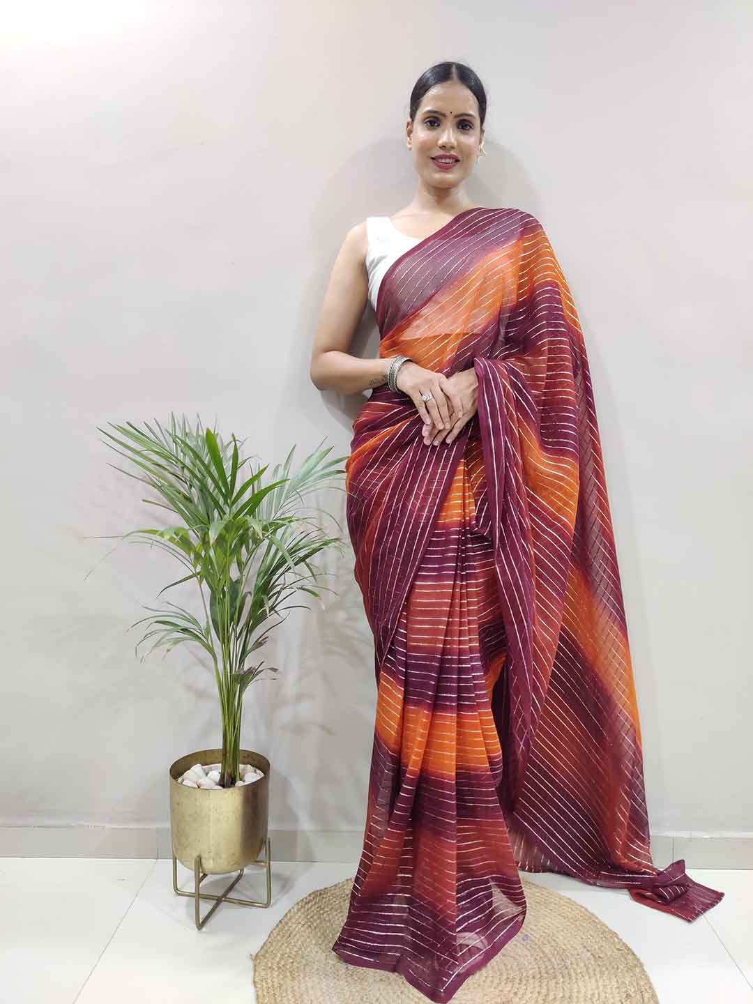 

TEEYA CREATION Striped Printed Ready to Wear Saree, Orange
