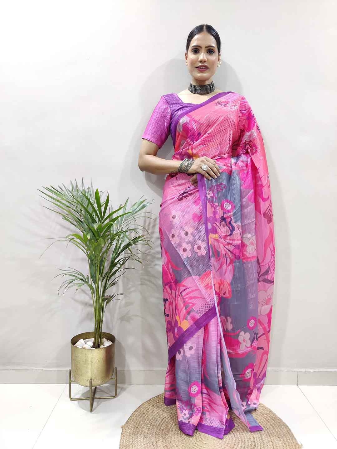 

TEEYA CREATION Floral Printed Ready to Wear Saree, Pink