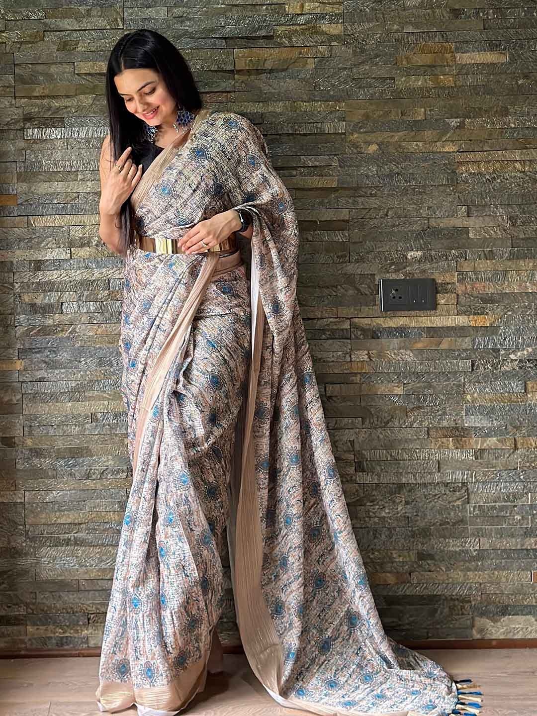 

TEEYA CREATION Floral Woven Design Zari Ready To Wear Saree, Cream