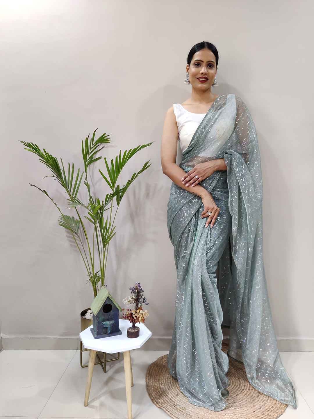 

TEEYA CREATION Sequinned Embellished Ready To Wear Net Saree, Green