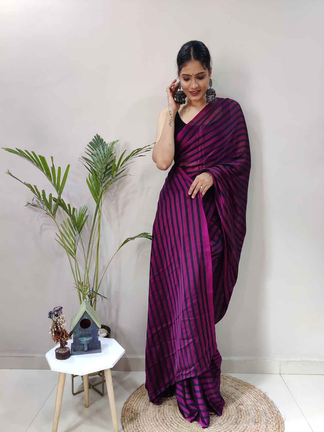 

TEEYA CREATION Striped Woven Design Ready To Wear Saree, Pink