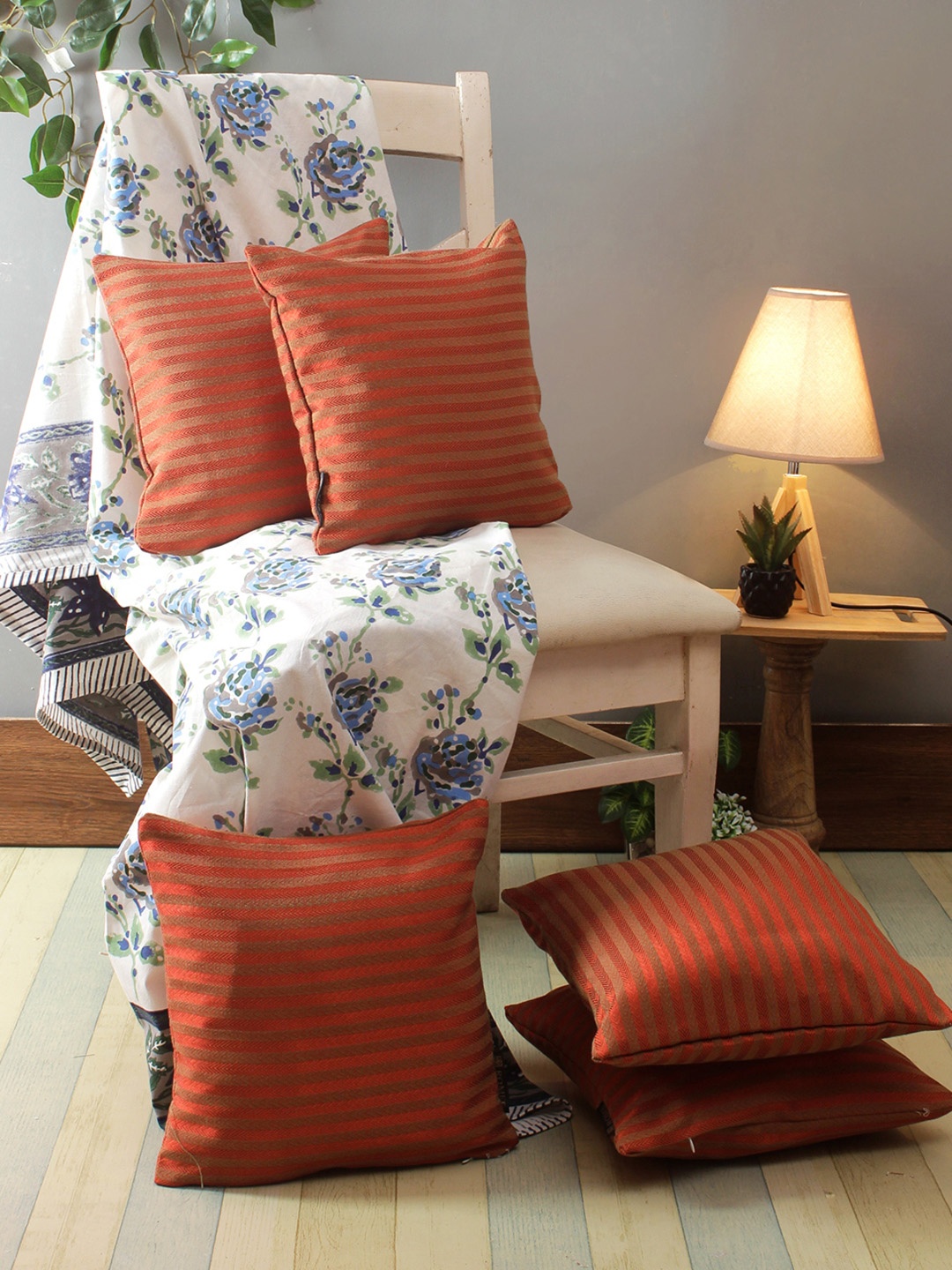 

Aura Red & Beige 5 Pieces Striped Square Cushion Covers