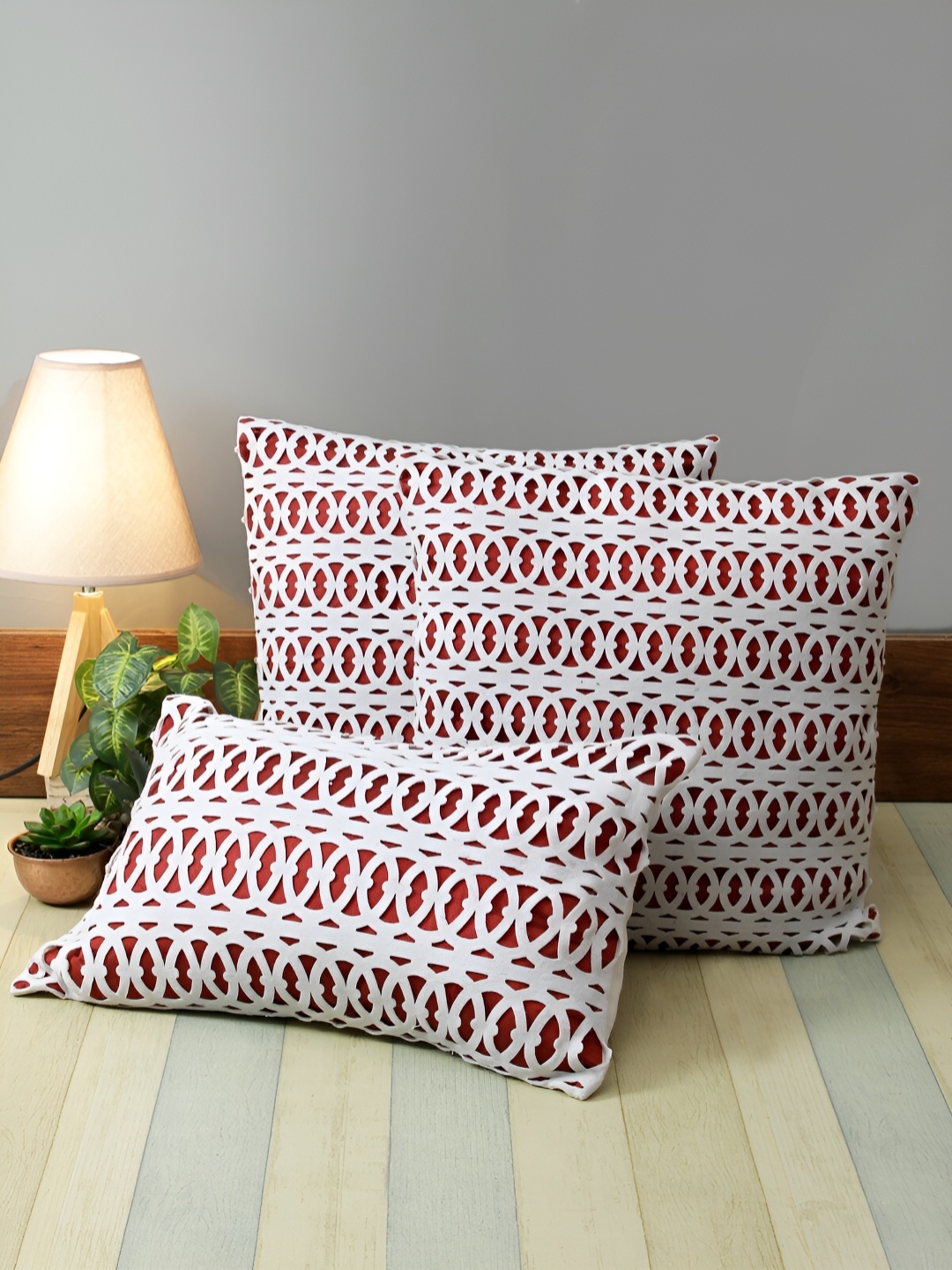 

Aura Red & White 3 Pieces Geometric Square Cushion Covers