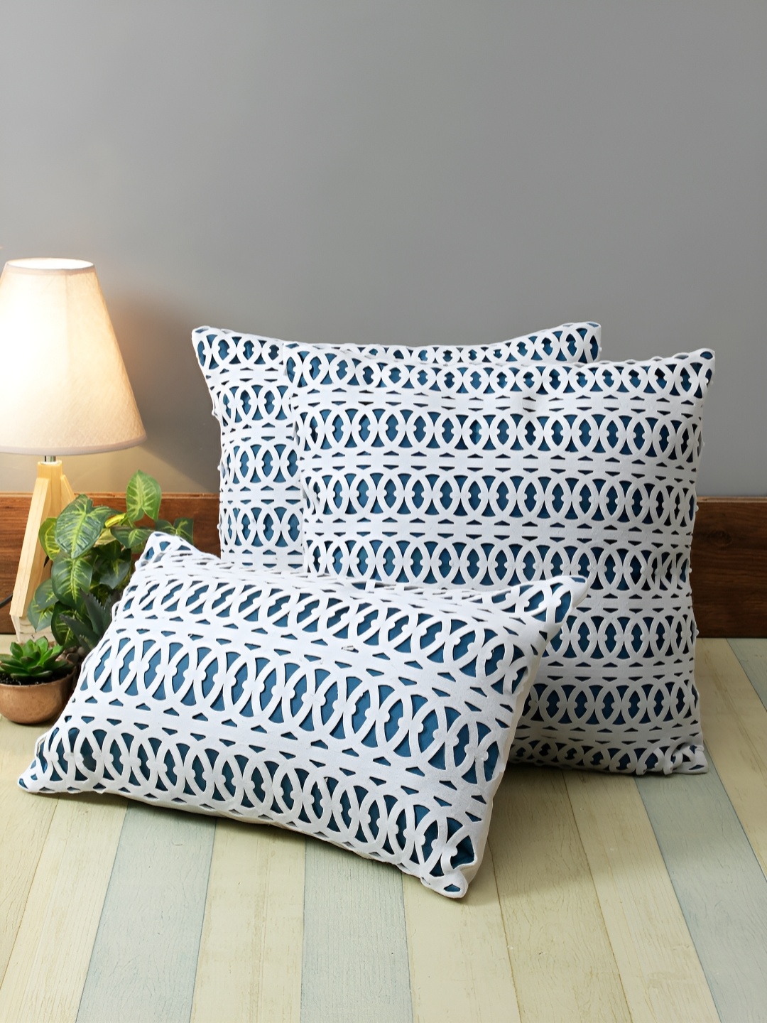 

Aura Blue & White 3 Pieces Geometric Square Cushion Covers