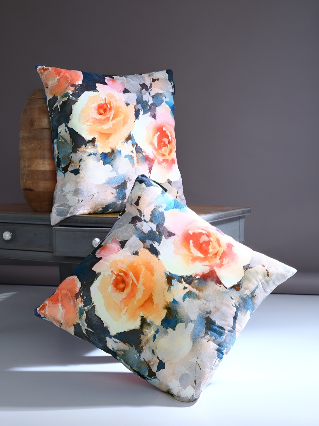 

Aura Blue & White 2 Pieces Floral Square Cushion Covers