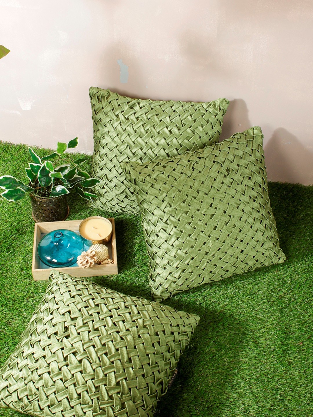 

Aura Green 3 Pieces Geometric Square Cushion Covers