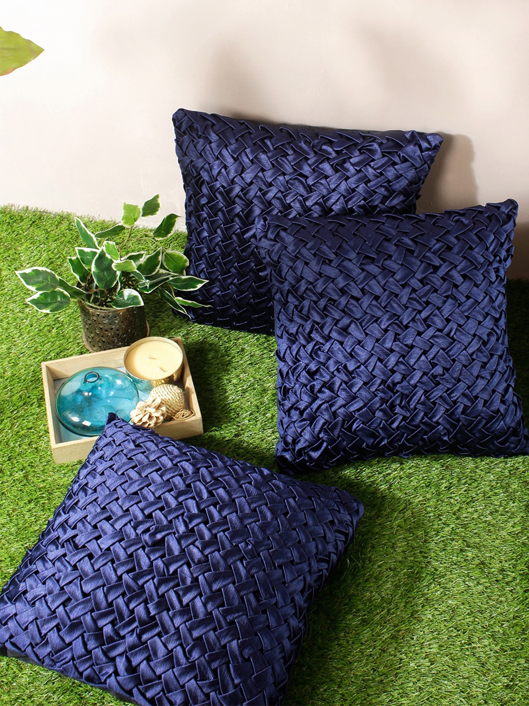

Aura Navy Blue 3 Pieces Geometric Square Cushion Covers