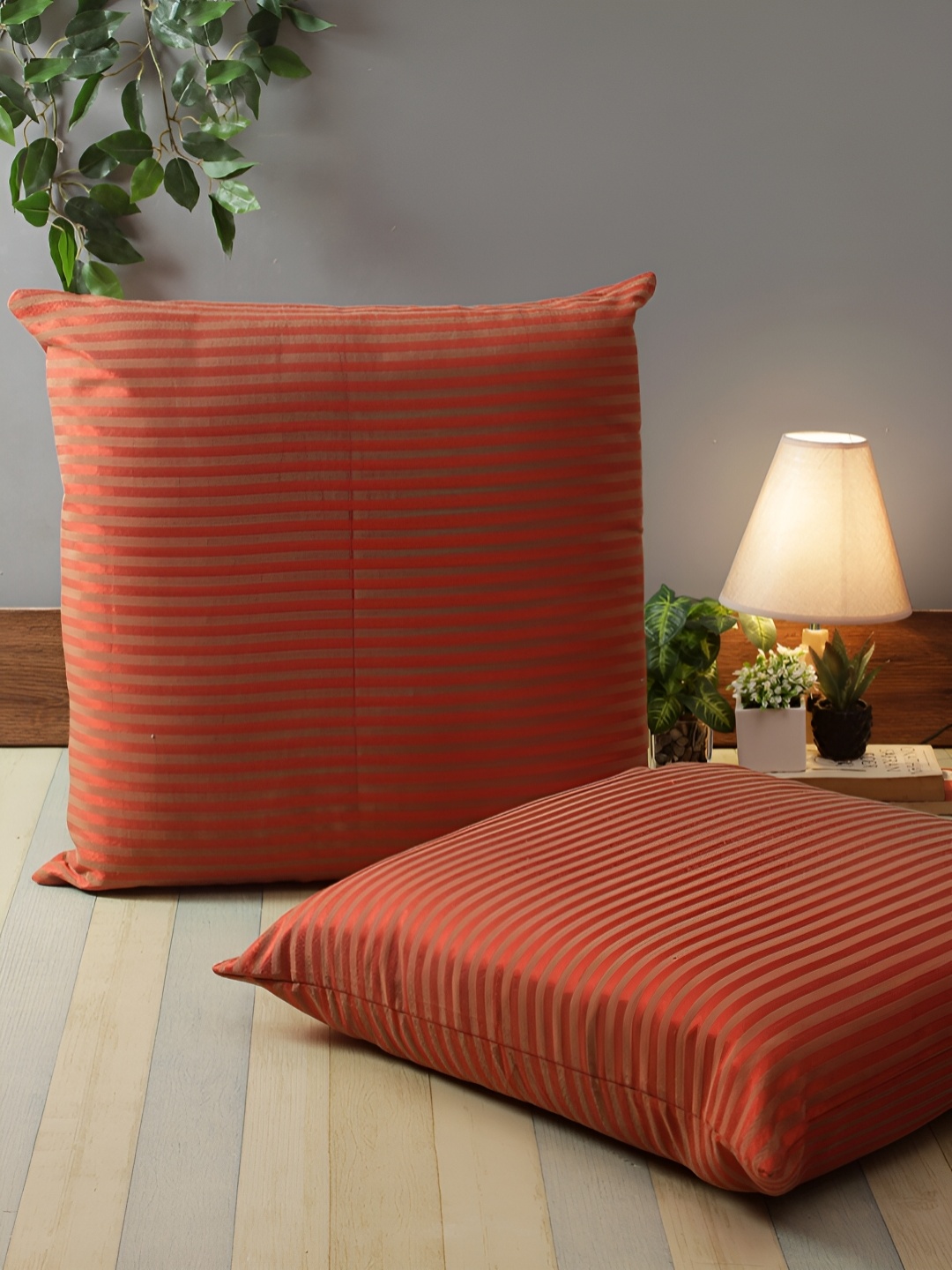 

Aura Red 2 Pieces Striped Square Cushion Covers