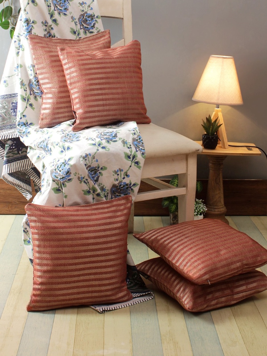 

Aura Maroon & Silver-Toned 5 Pieces Striped Square Cushion Covers