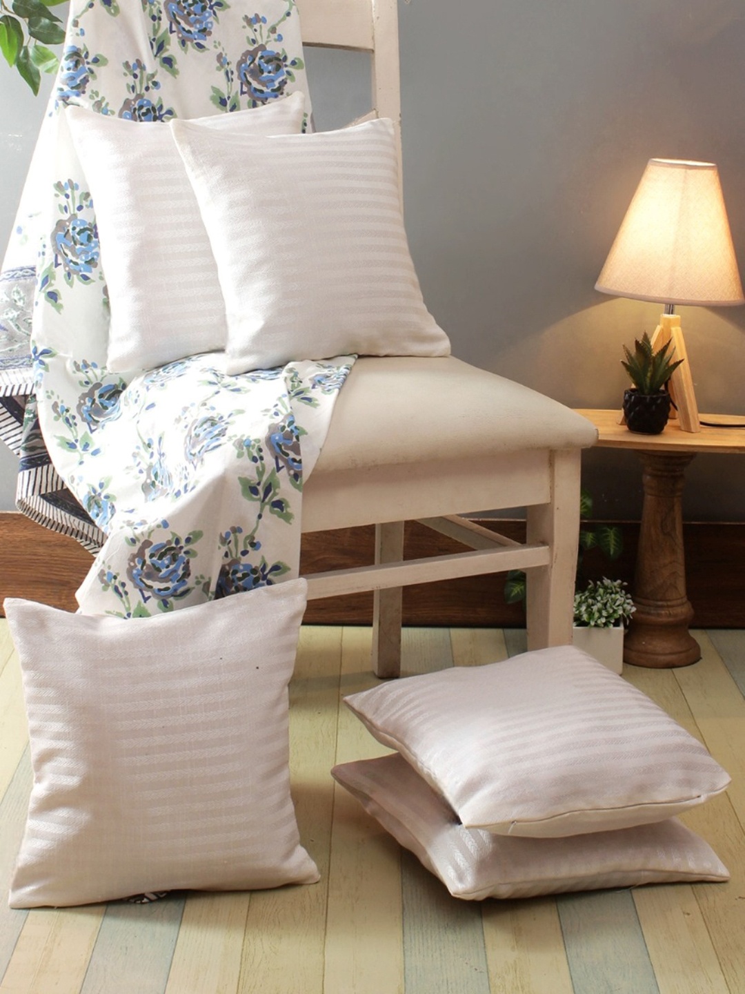 

Aura White & Silver-Toned 5 Pieces Striped Square Cushion Covers