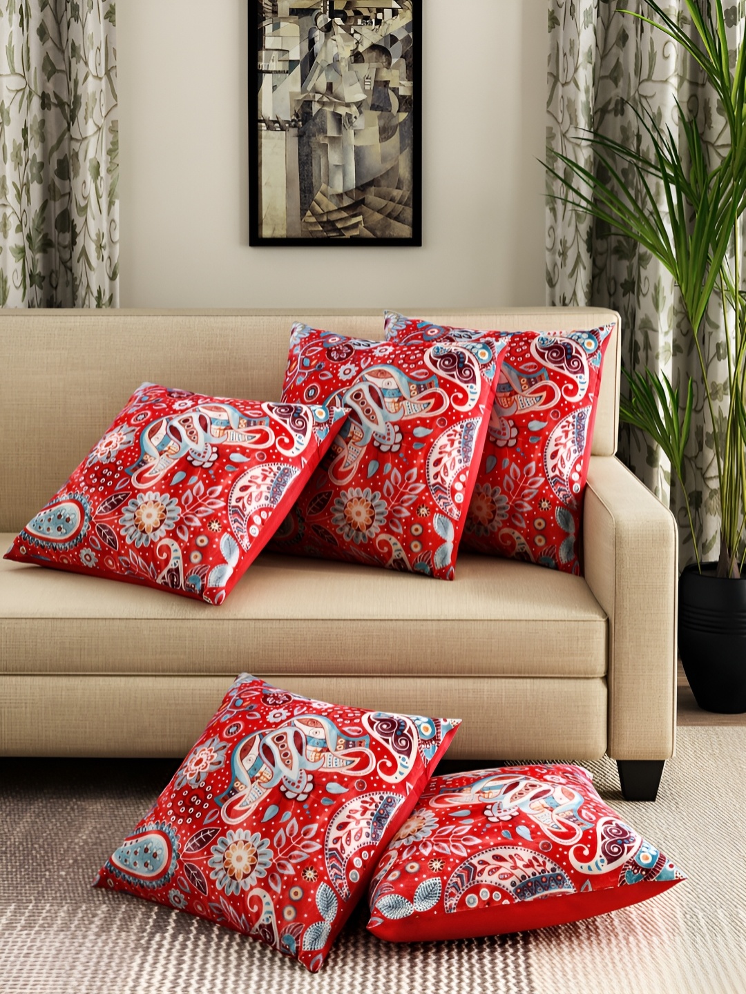 

Aura Red & Blue 5 Pieces Ethnic Motifs Velvet Square Cushion Covers