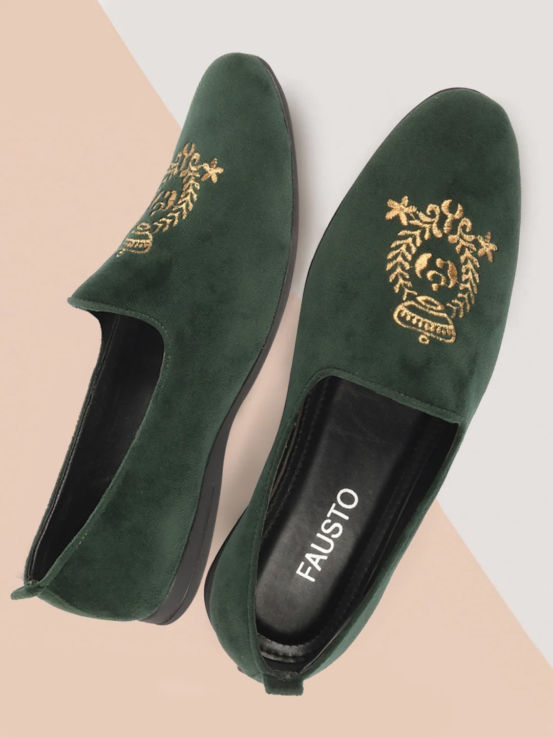 

FAUSTO Men Embroidery Round Toe Lightweight Velvet Loafers, Olive