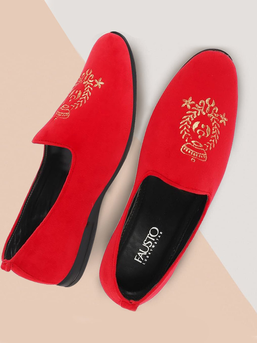 

FAUSTO Men Embroidery Round Toe Lightweight Velvet Loafers, Red