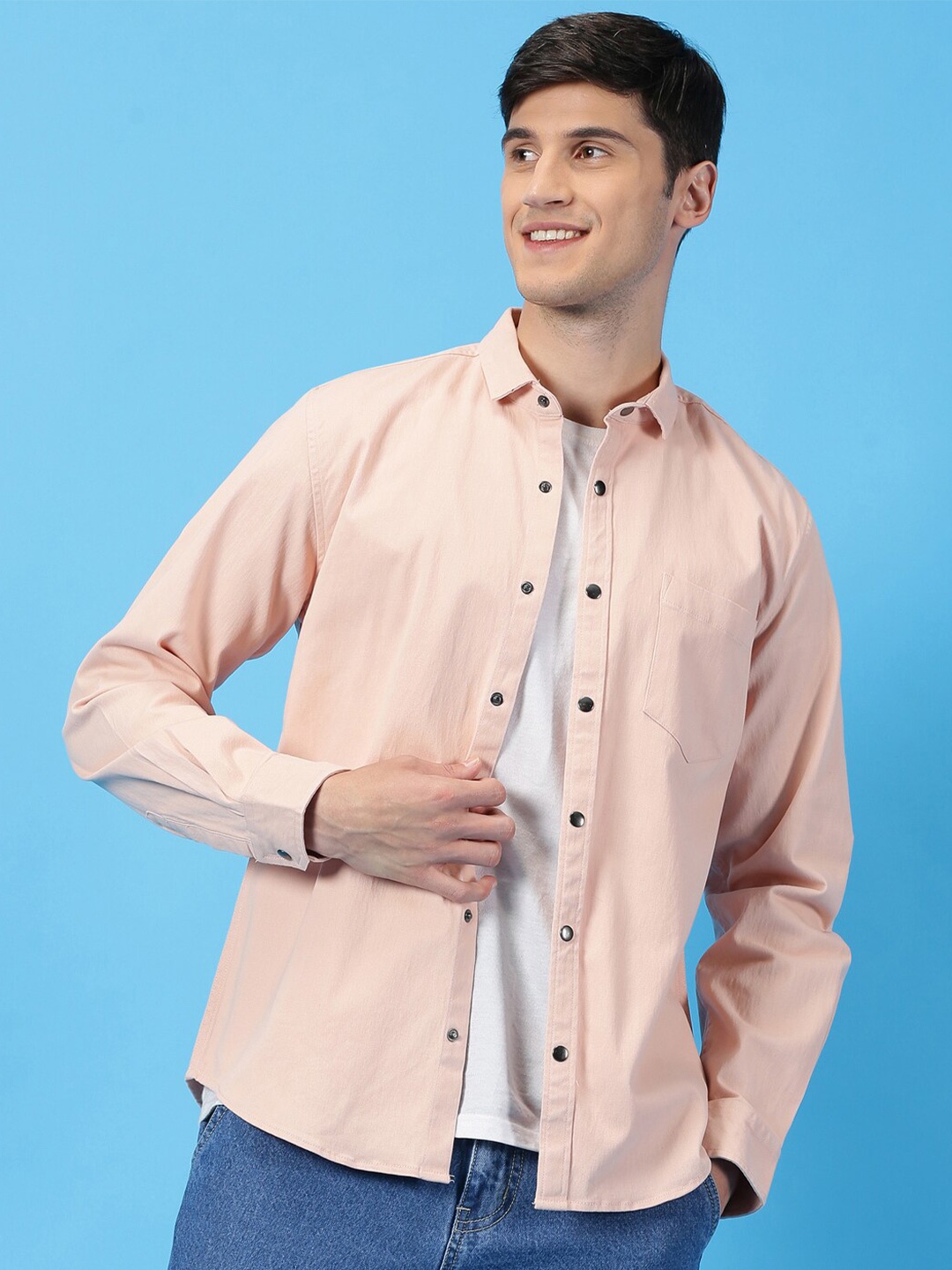 

Mast & Harbour Peach Coloured Classic Slim Fit Long Sleeves Twill Casual Shirt