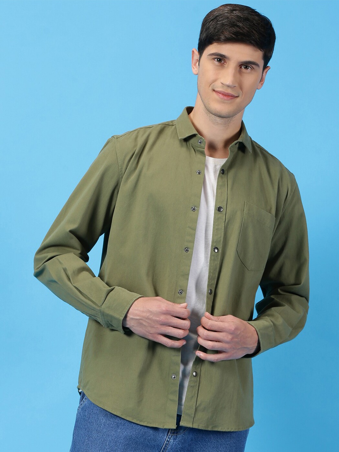 

Mast & Harbour Green Classic Slim Fit Long Sleeves Twill Casual Shirt, Olive