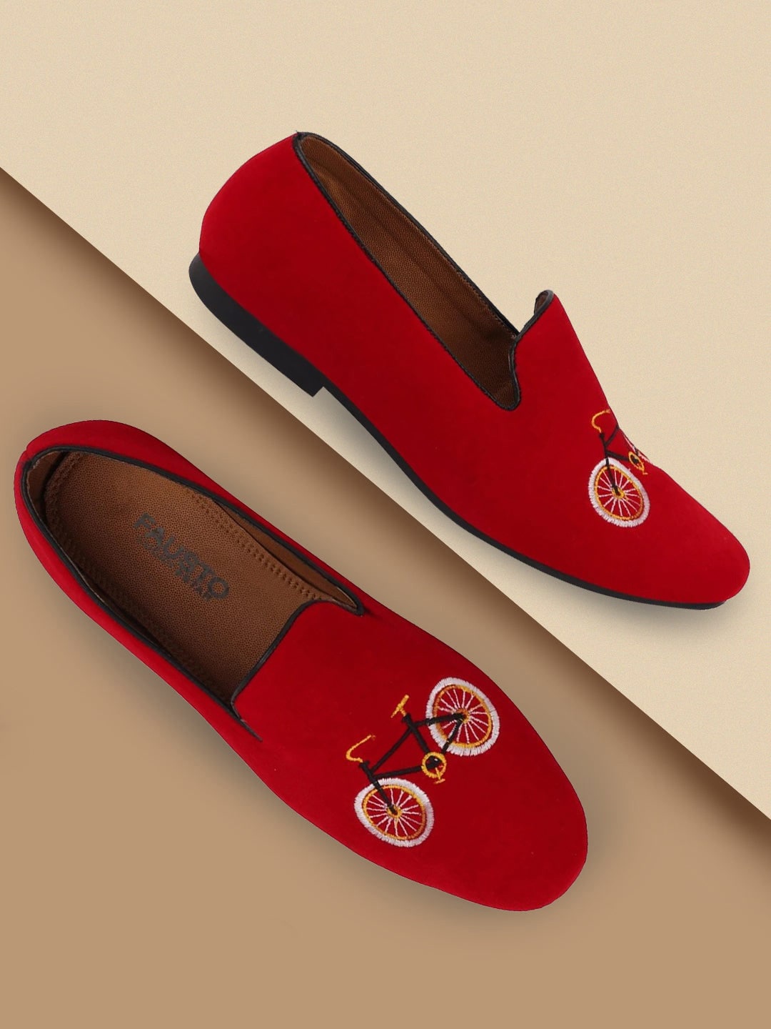 

FAUSTO Men Embroidered Lightweight Memory Foam Velvet Loafers, Red