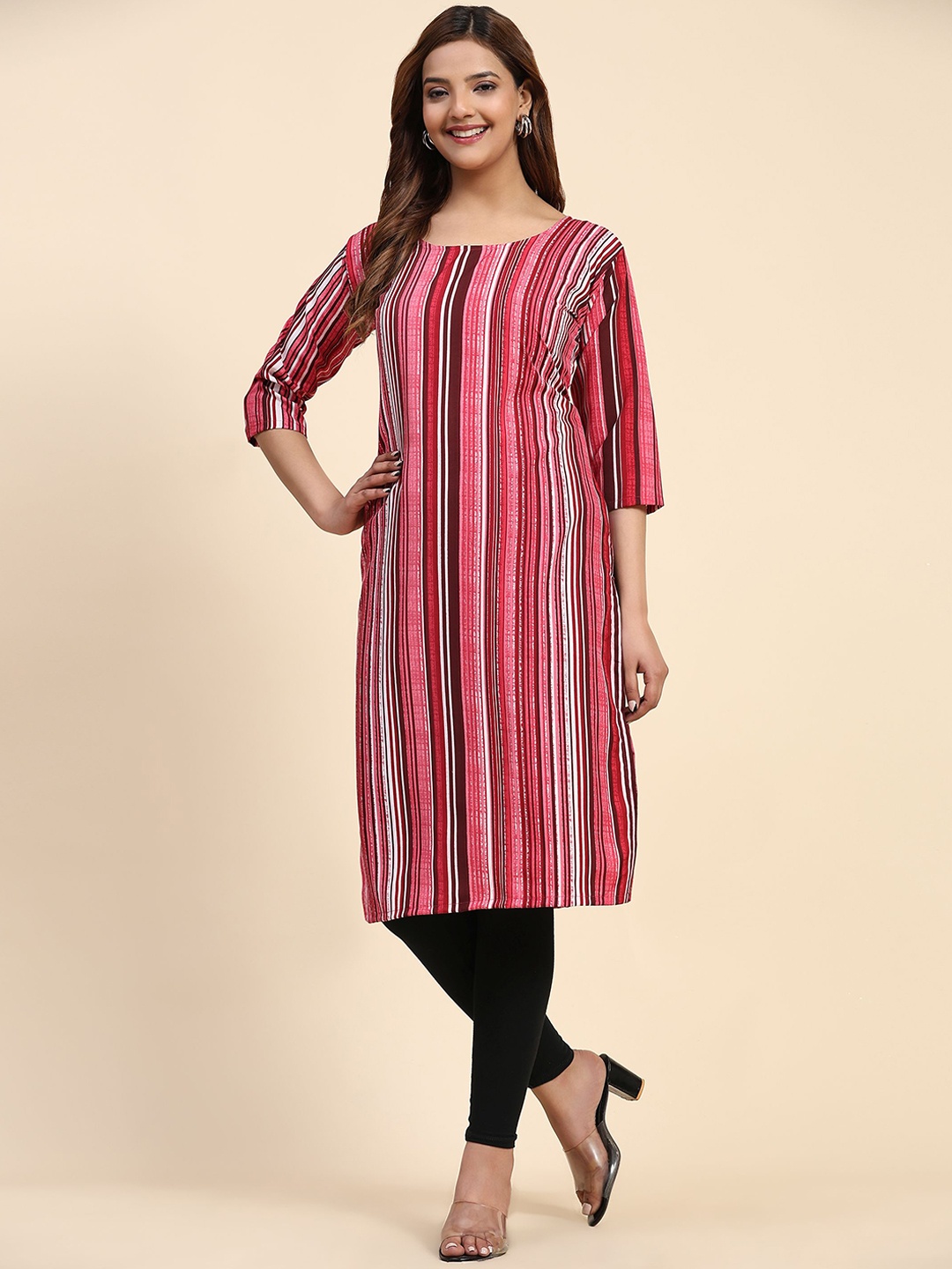 

Phenav Striped Round Neck Crepe Straight Kurta, Red