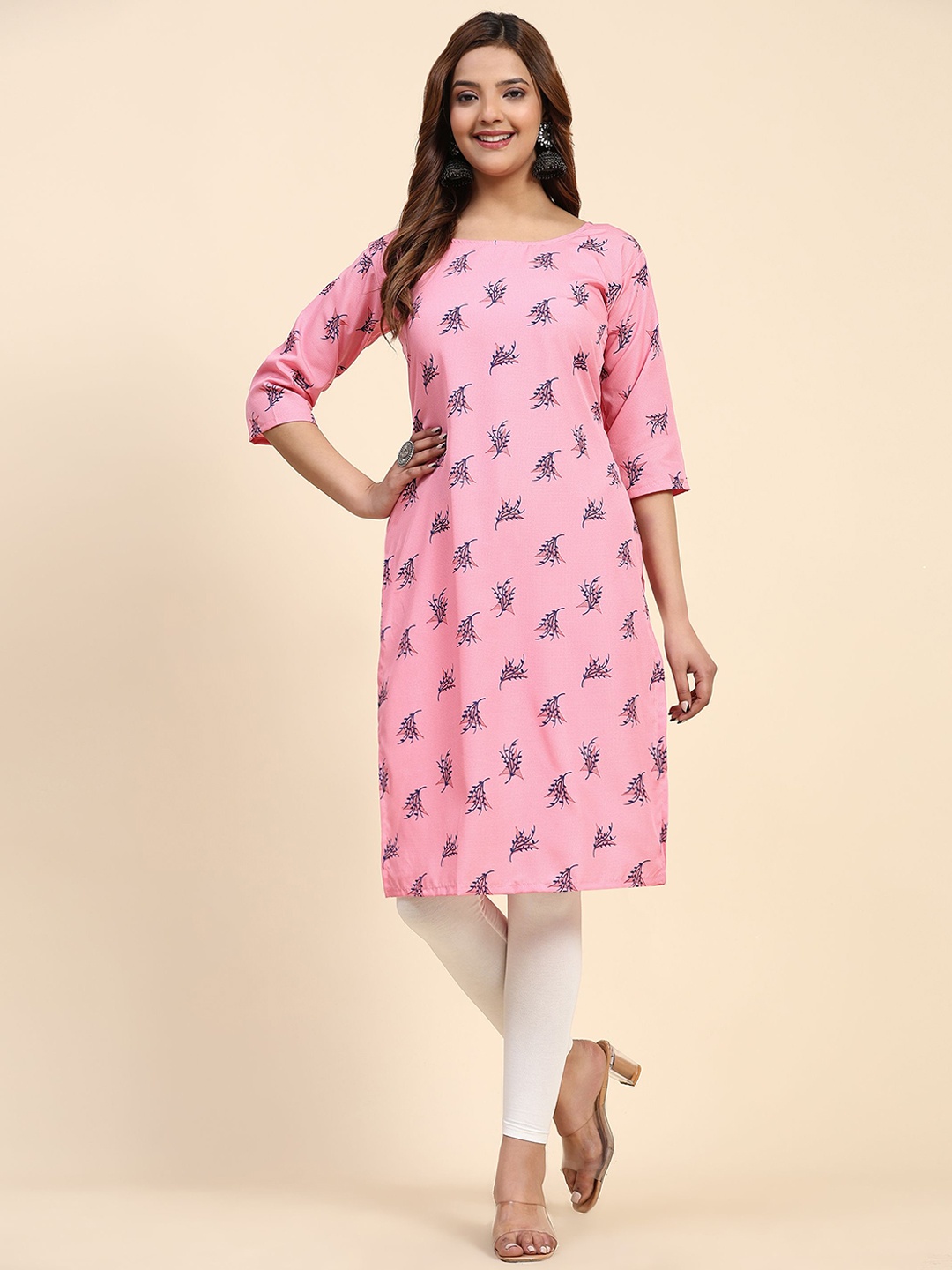 

Phenav Floral Printed Round Neck Crepe Straight Kurta, Pink