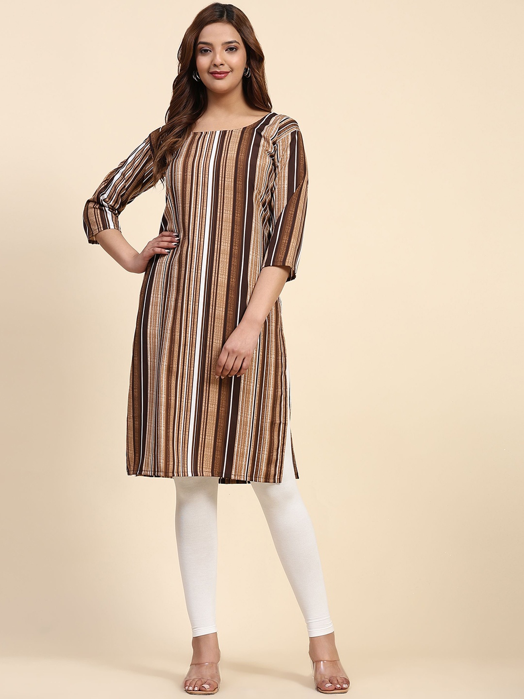

Phenav Striped Round Neck Crepe Straight Kurta, Brown