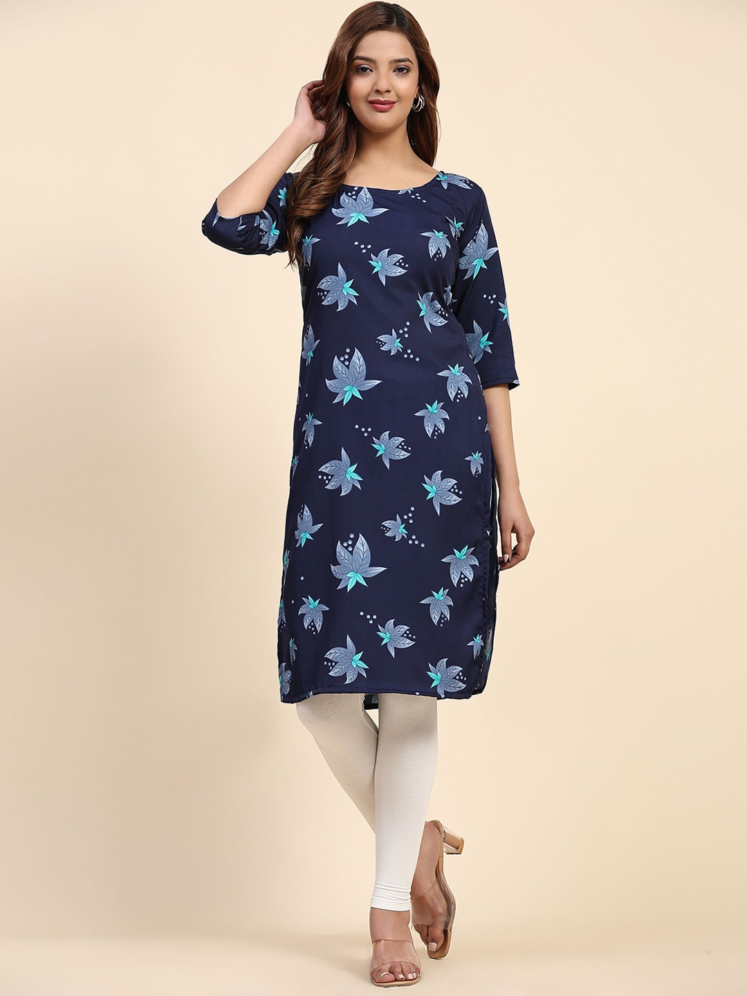 

Phenav Floral Printed Round Neck Crepe Straight Kurta, Navy blue