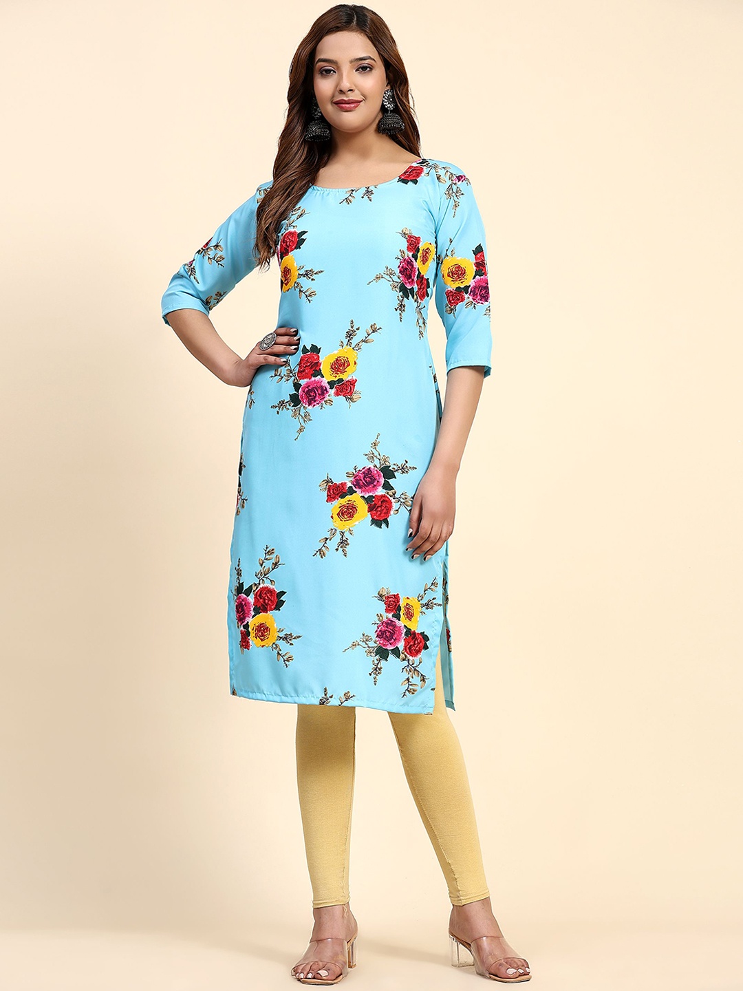 

Phenav Floral Printed Round Neck Crepe Straight Kurta, Blue
