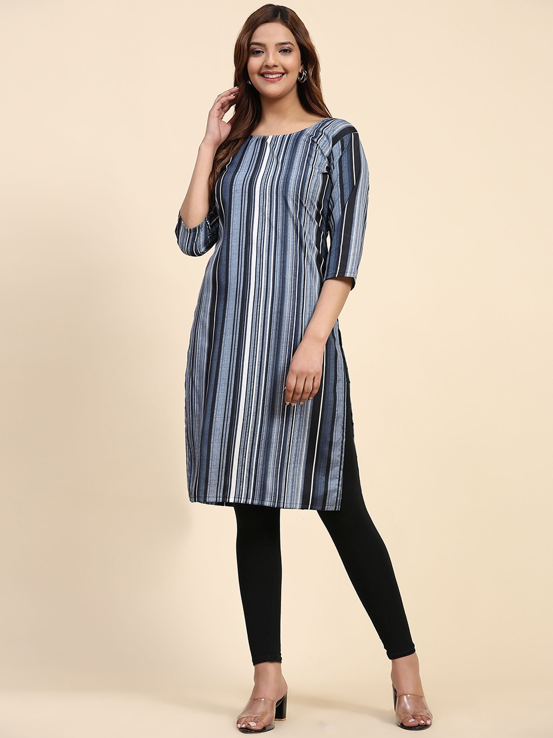 

Phenav Striped Round Neck Crepe Straight Kurta, Grey