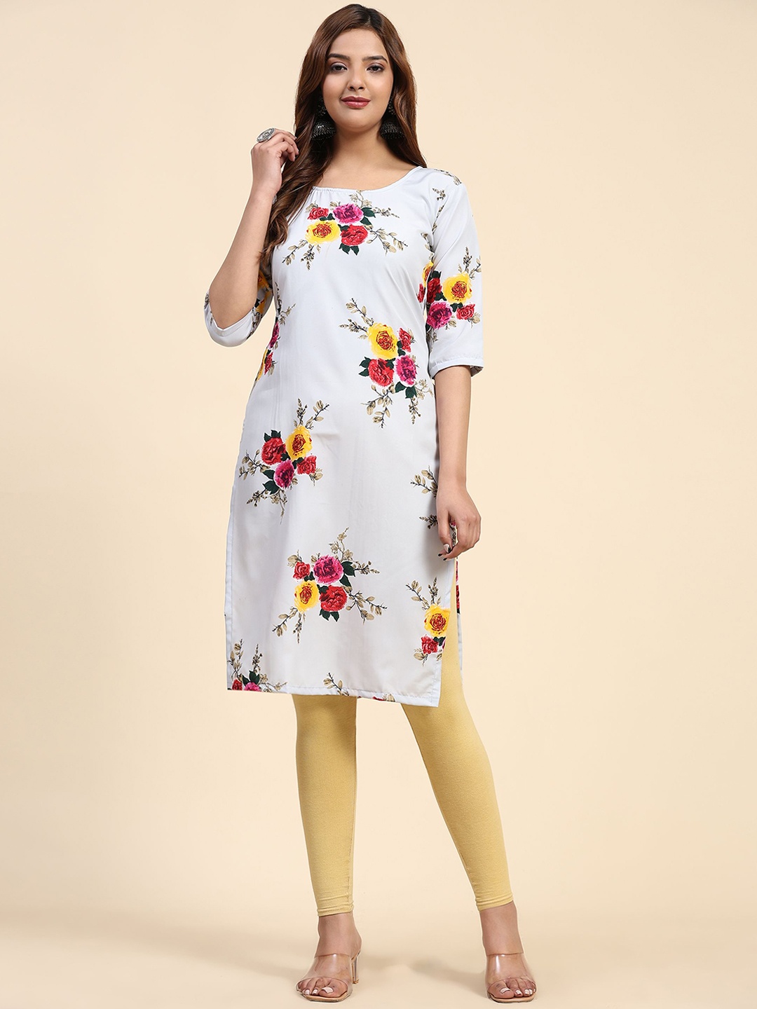 

Phenav Floral Printed Round Neck Crepe Straight Kurta, Grey