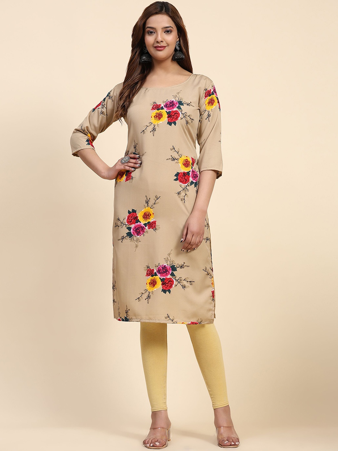 

Phenav Floral Printed Round Neck Crepe Straight Kurta, Beige