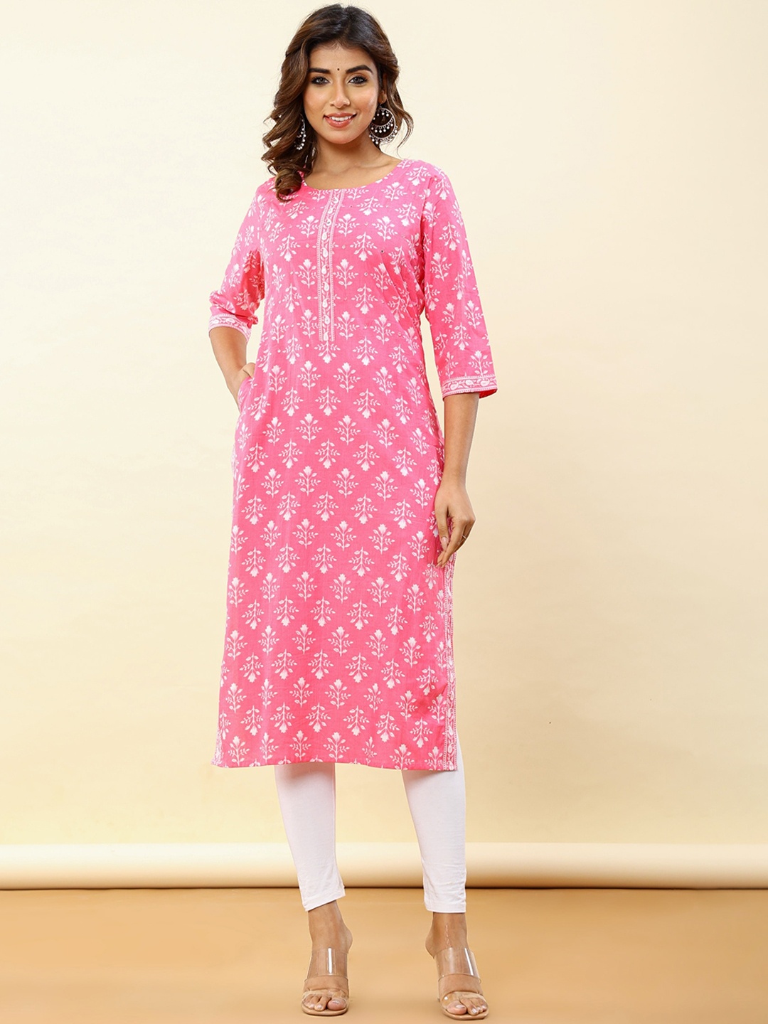 

INDYES Ethnic Motifs Printed Mirror Work Pure Cotton Straight Kurta, Pink