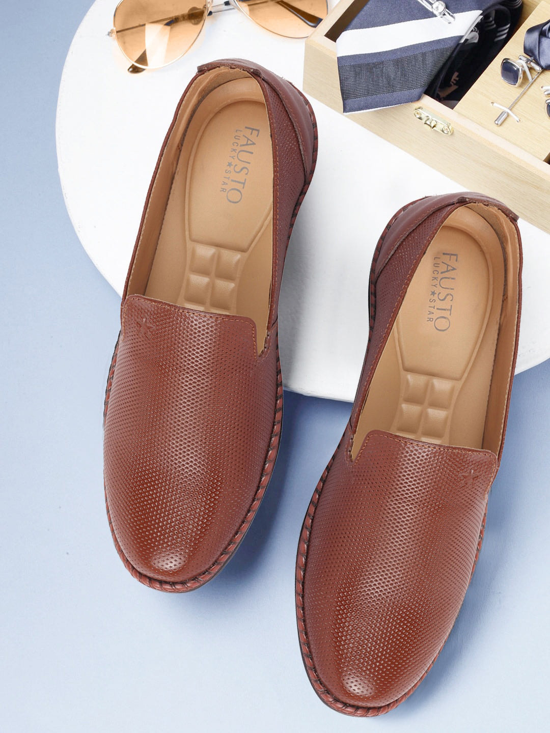

FAUSTO Men Textured Leather Formal Slip-On Shoes, Tan