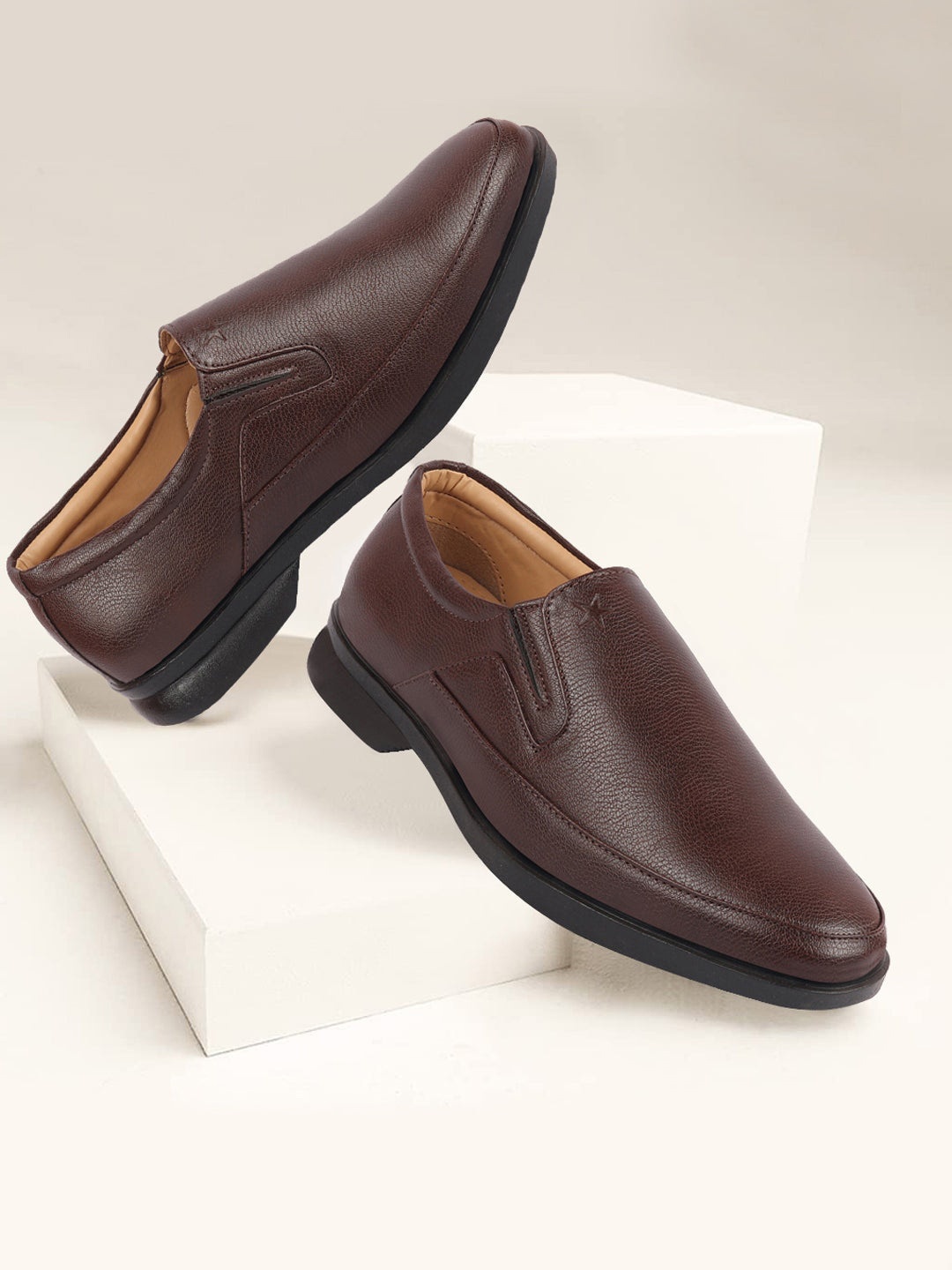 FAUSTO Men Textured Formal Slip-On Shoes, Brown