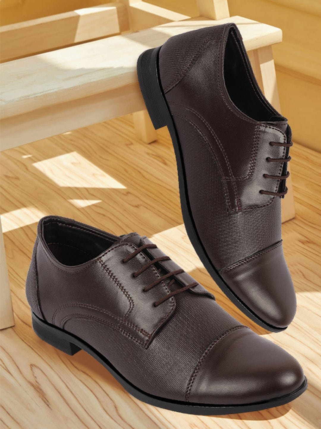

FAUSTO Men Textured Leather Lace-Up Formal Derbys, Brown
