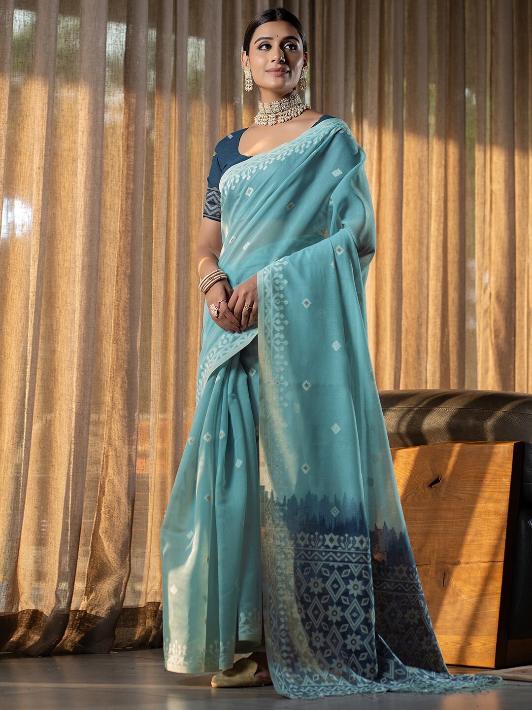 

Satrani Blue Ethnic Motifs Woven Design Zari Jamdani Saree