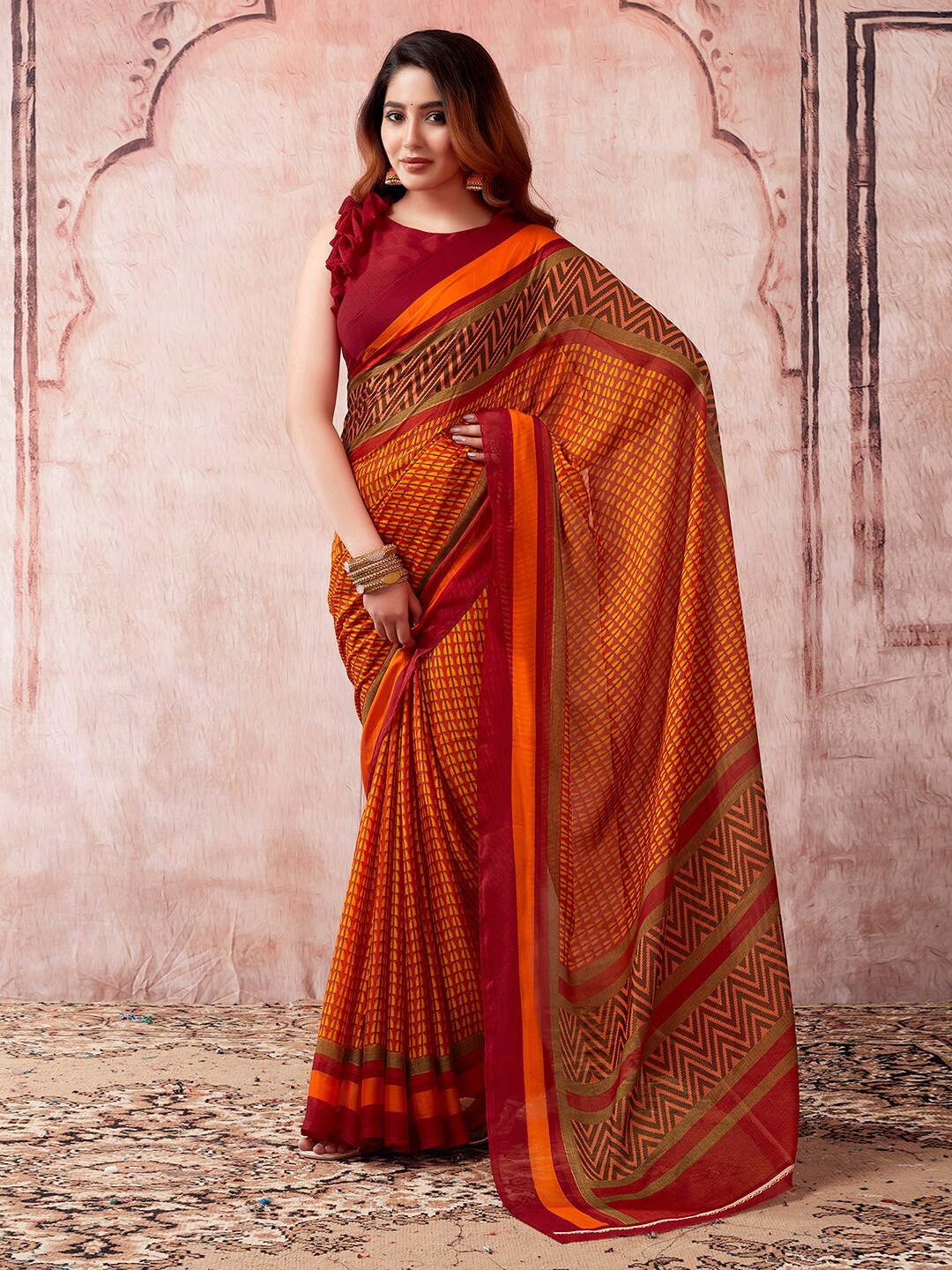 

Satrani Checked Poly Georgette Sungudi Saree, Maroon