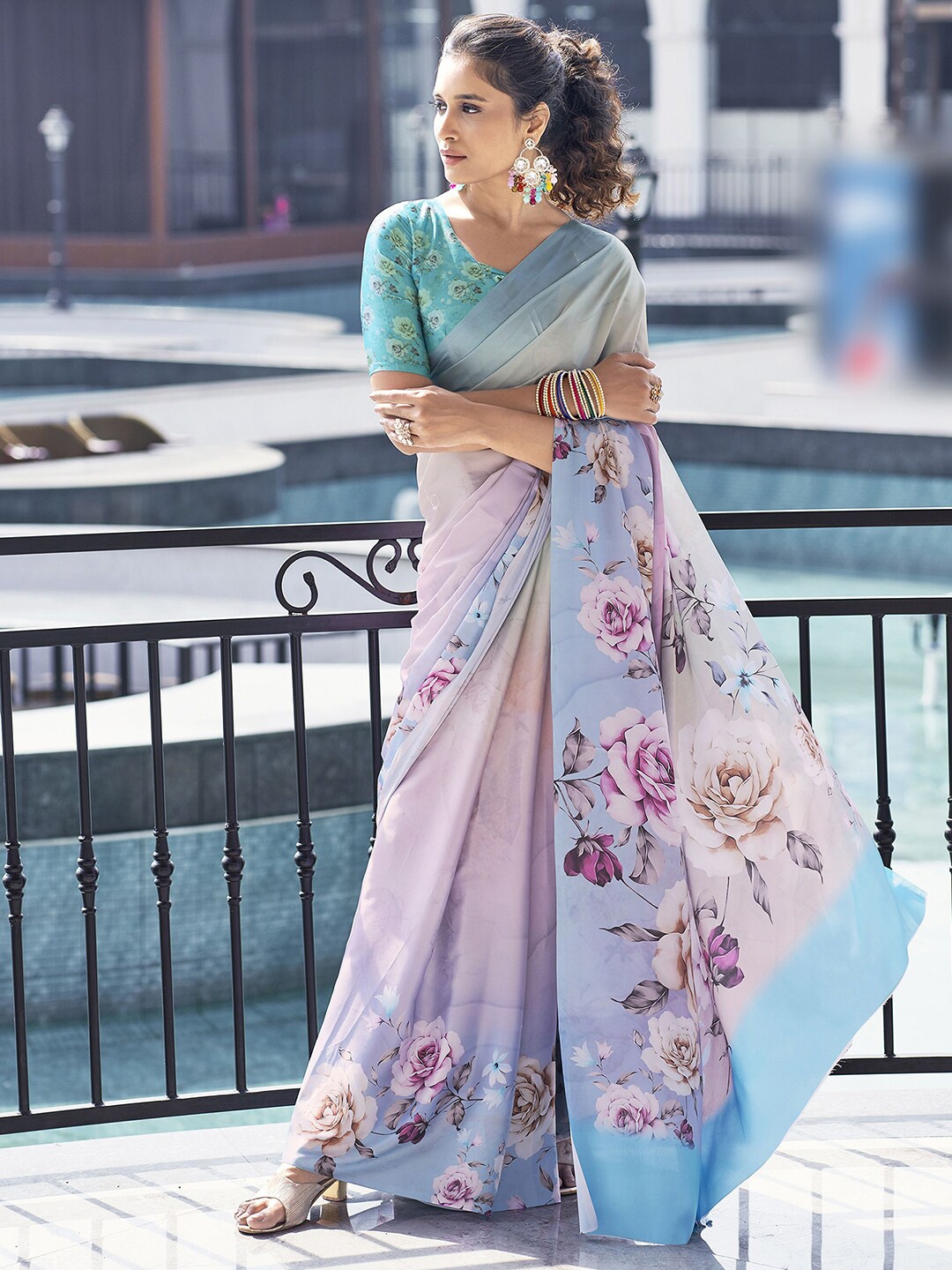 

Satrani Blue Floral Printed Maheshwari Satin Saree