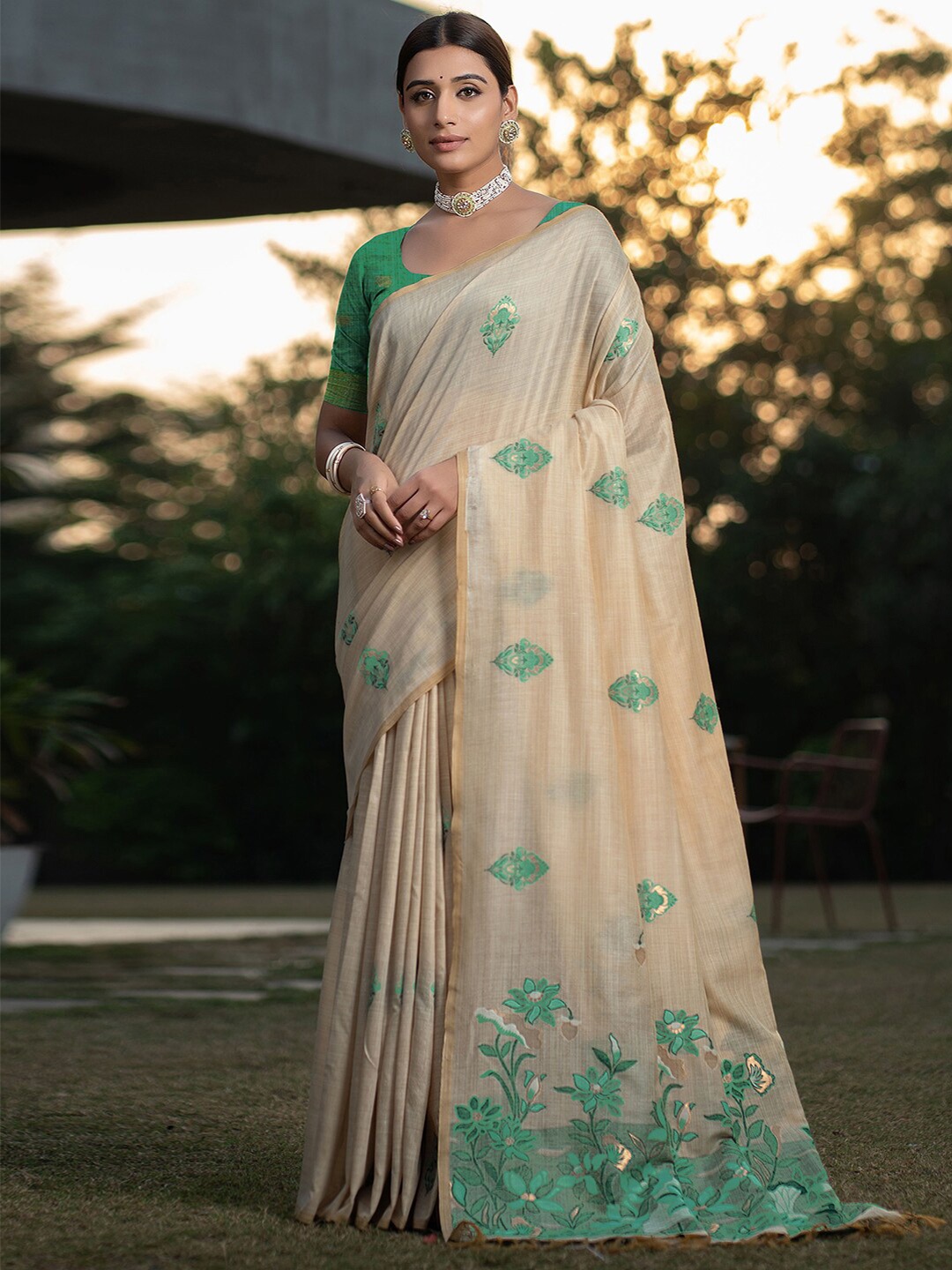

Satrani Beige Floral Woven Design Zari Banarasi Saree