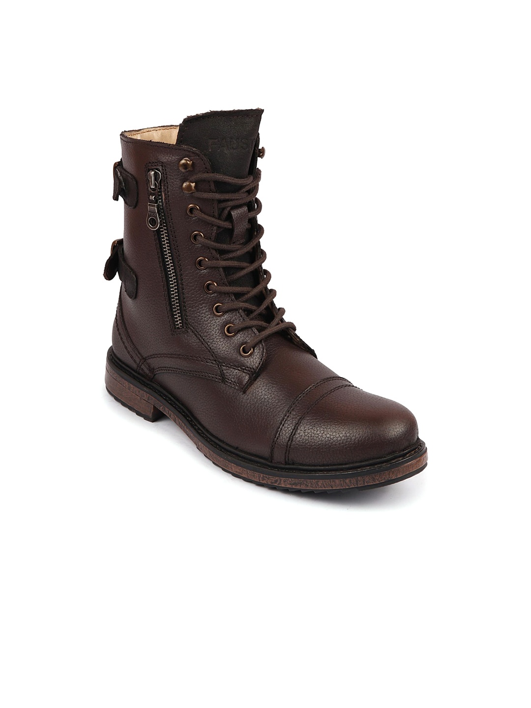 

FAUSTO Men Buckle Detailed High Top Leather Boots, Brown