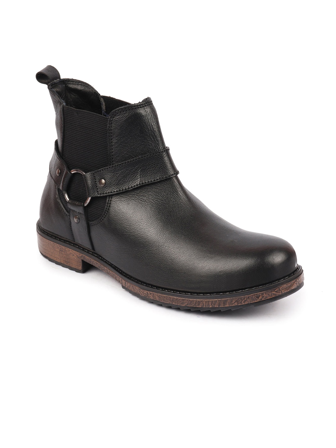 

FAUSTO Men Round Toe Mid-Top Leather Chelsea Boots, Black