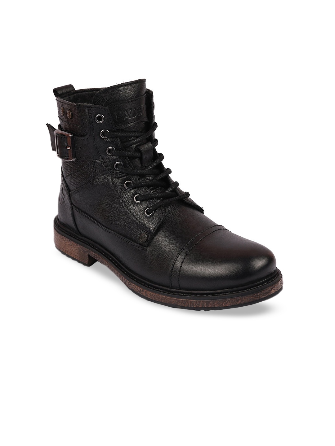 

FAUSTO Men Buckle Detailed High Top Leather Boots, Black