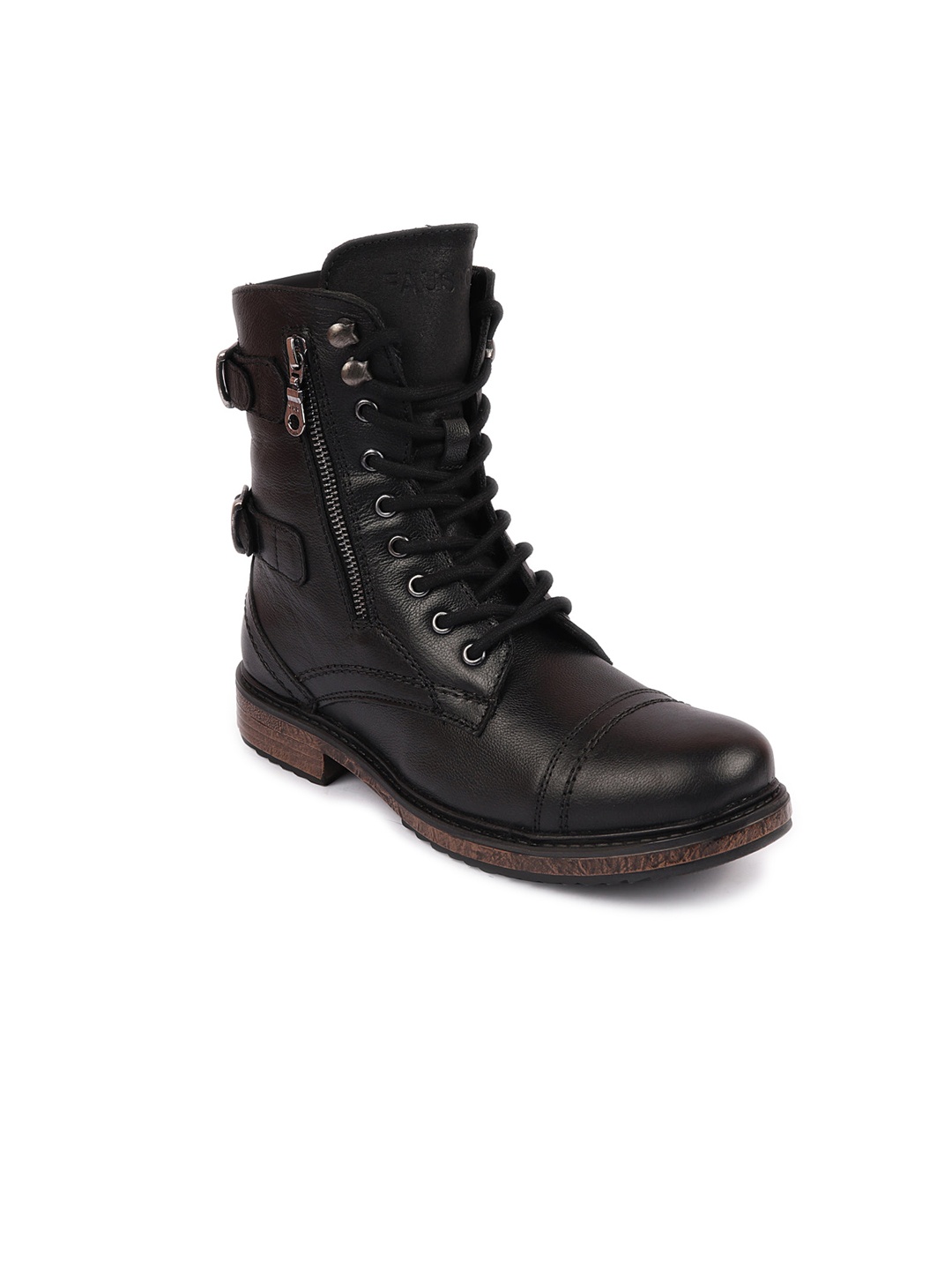 

FAUSTO Men Buckle Detailed High Top Leather Boots, Black