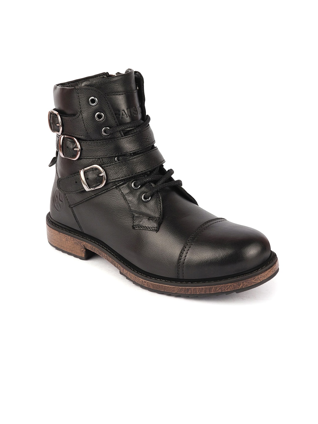 

FAUSTO Men Buckle Detailed High Top Leather Boots, Black