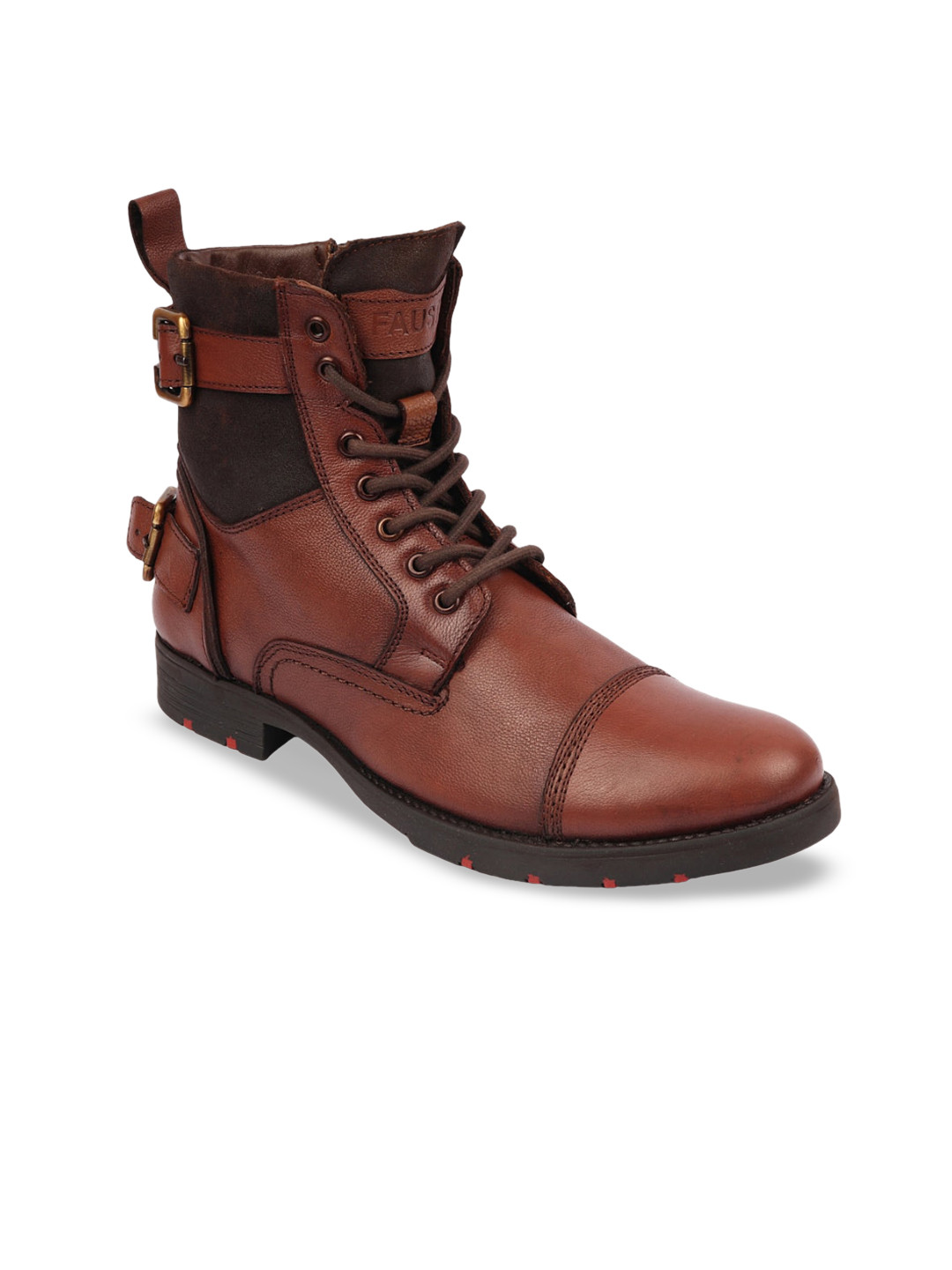 

FAUSTO Men Buckle Detailed Leather Boots, Tan