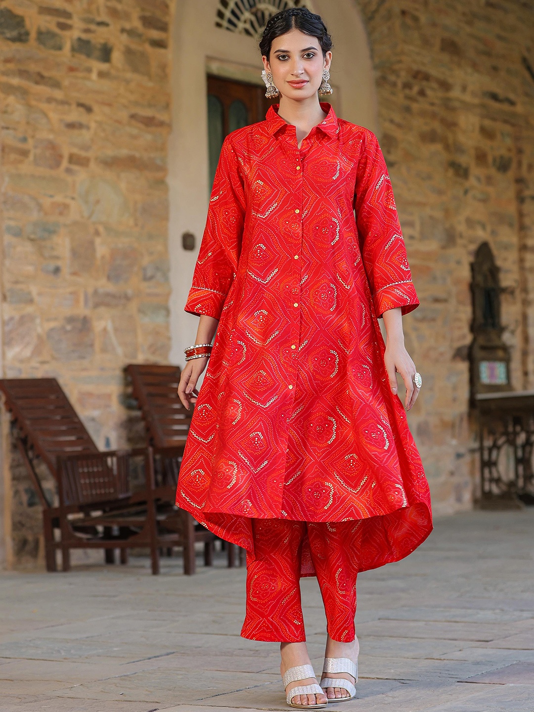 

SCAKHI Shirt Collar Three Quarter Sleeves Printed Co-ord with Trouser, Red