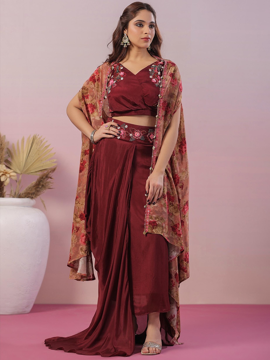 

SCAKHI Floral Embroidered Pure Silk Top With Skirt & Cape, Burgundy