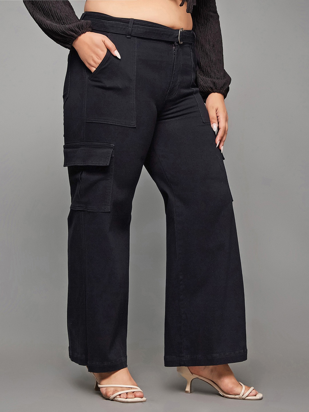 

Miss Chase A+ Women Plus Size Wide Leg High-Rise Clean Look Stretchable Cargo Jeans, Black
