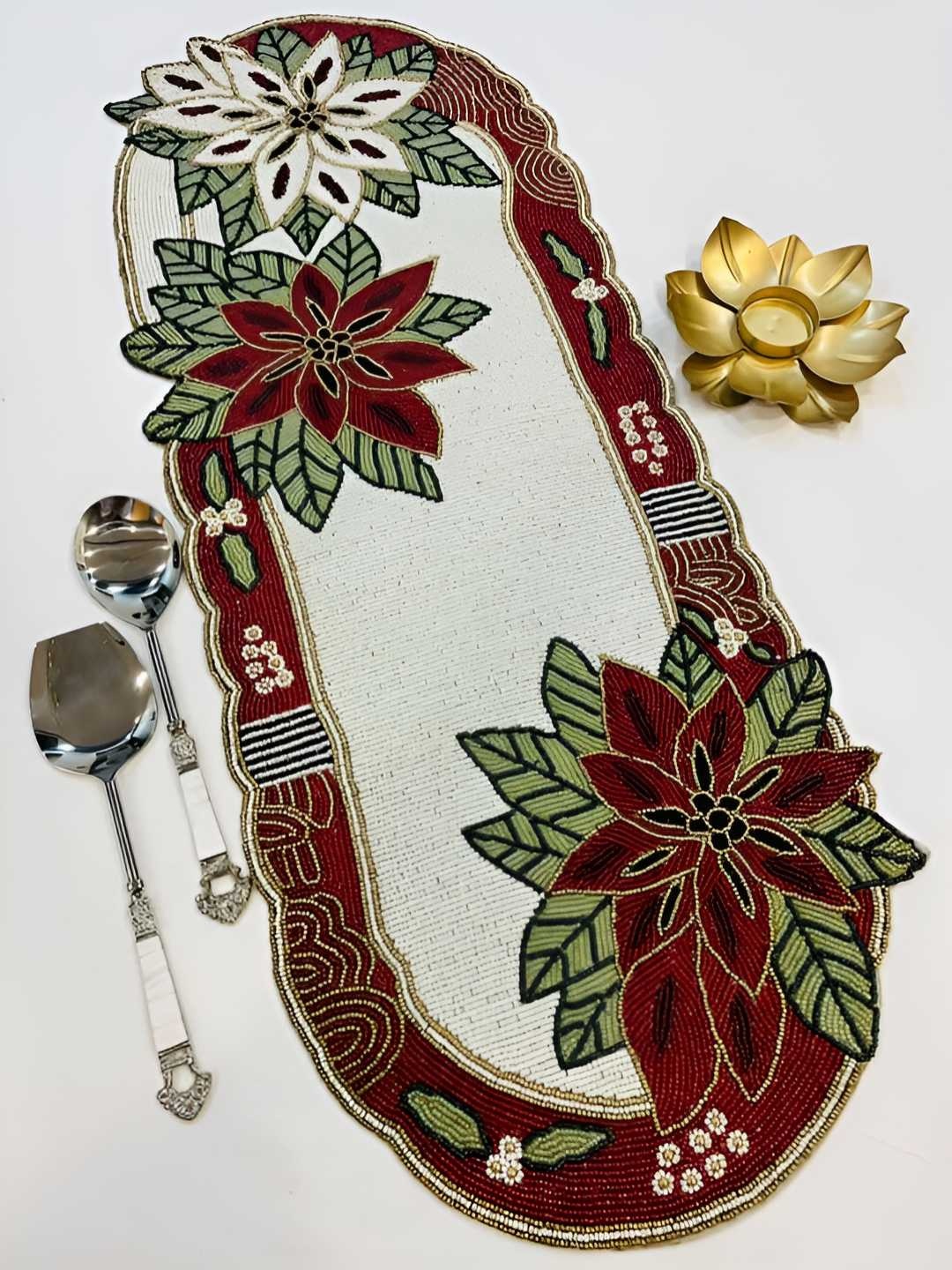 

PURINA'S White & Maroon Floral Beads Embellished Table Runner
